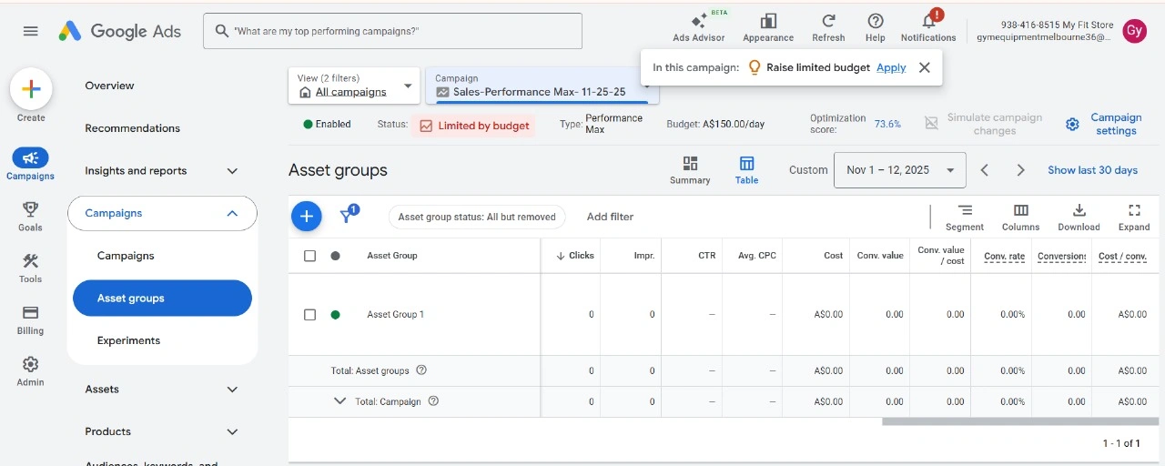Google Ads Performance Max campaign for My Fit Store showing asset group setup and budget status