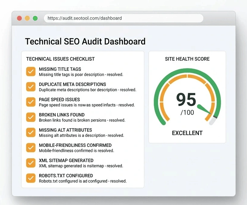 A website SEO audit dashboard highlighting technical issues being fixed to improve Google rankings.